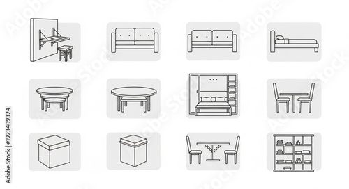 Collection of hand drawn furniture sketches for interior design.