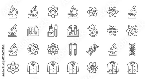 Black line art icons depicting science equipment and atomic structures
