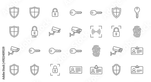 Black line icons depicting security items arranged in a grid