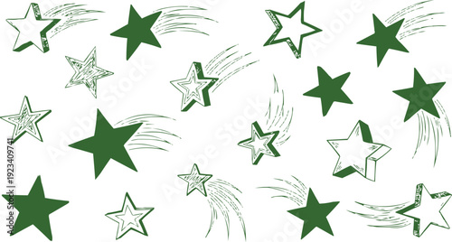 The image features a whimsical pattern of stars scattered across the canvas, creating a lively and dynamic visual effect. The stars come in two distinct styles: some are solid green, while others 