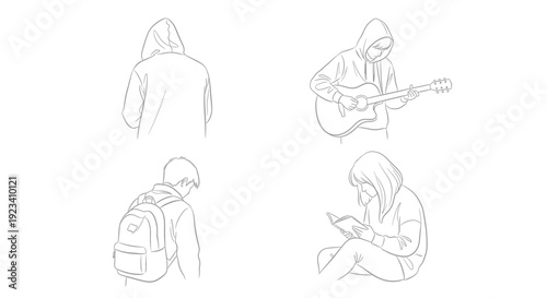 A set of four minimalist line drawings of people and objects