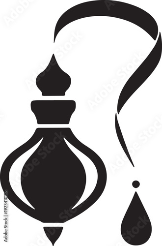 Perfume bottle with question mark shape and drop of liquid vector icon