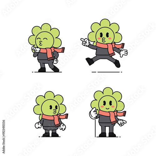 Cartoon flower character in various poses with scarf and cane on white background