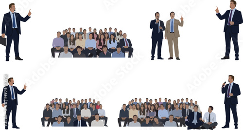 Business conference speaker addressing large audience group, corporate seminar presentation, leadership training, professional event and public speaking vector illustration set