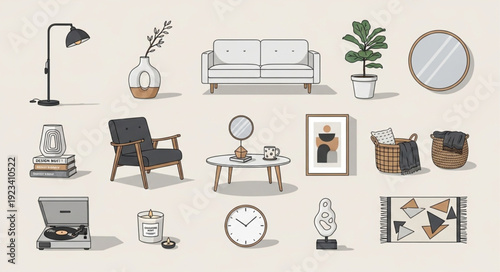 Collection of vintage home decor items and furniture.