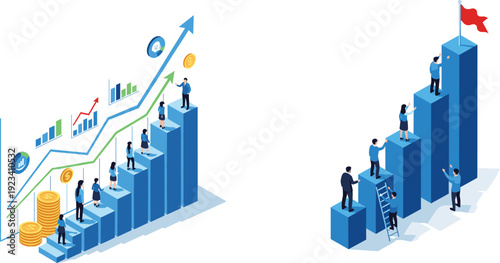 Business growth and teamwork illustration featuring financial success, career development, leadership achievement, collaboration, and professional progress vector concept design