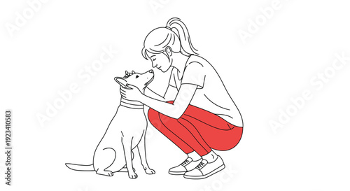 Line Drawing Of A Young Woman Crouching Down To Pet Her Loyal Dog Representing A Strong Bond Friendship And Affection