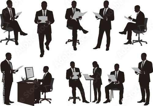 Business professionals in office attire performing workplace tasks, reading documents, writing, presenting, and collaborating in corporate environment silhouette vector set.