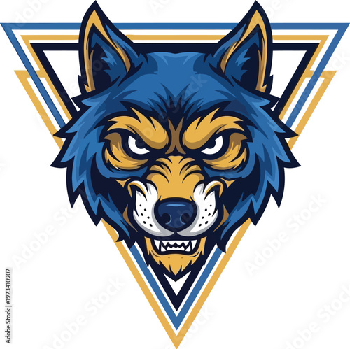 Stylized blue and gold wolf head mascot with an aggressive expression and sharp teeth, set against a geometric triangle background.