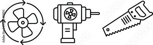 Ventilation Fan Electric Drill And Hand Saw Tool Icons Set Vector Collection
