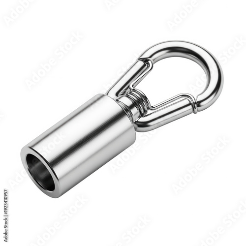 Chrome-plated small carabiner clip with a cylindrical barrel connector for jewelry or lanyards isolated on transparent background