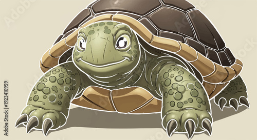 Smiling turtle with brown shell and green skin crawling forward on beige background close up view