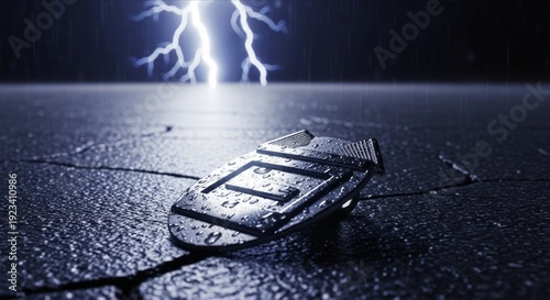Metallic Shield on Wet Ground with Lightning in Background