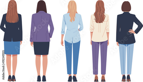 Five Women in Business Attire Standing with Their Backs Turned Keywords: women, business, attire, standing, back view, female