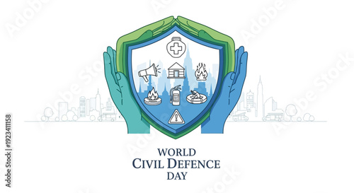 Illustration of hands holding a shield with civil defence symbols on World Civil Defence Day, promoting disaster preparedness and public safety with a protective mood.