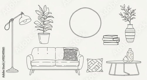 Hand drawn sketch of modern living room furniture and decor elements.