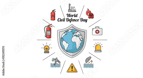 Vector illustration for World Civil Defence Day 2026 featuring a shield with Earth surrounded by emergency icons on a white background.