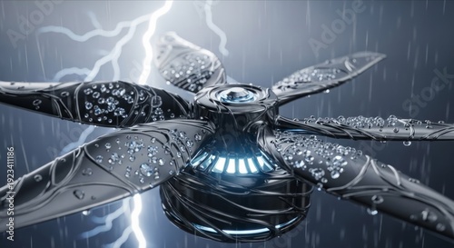 Futuristic Fan Design with Water Droplets and Lightning Background