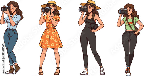 Cartoon illustration of young female photographers with cameras, diverse stylish women taking photos, photography concept, creative lifestyle, traveler character vector