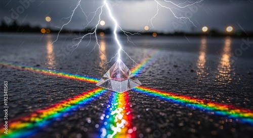 Lightning Strikes Pyramid Prism Creating Colorful Rainbow Reflection
