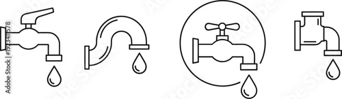 Water Tap Faucet Icons Set Plumbing Valve And Dripping Drop Symbols Vector Collection