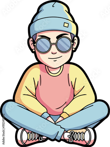 Illustration of a person sitting cross-legged wearing casual clothes and sunglasses