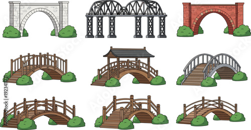 Collection of cartoon bridge illustrations featuring stone arch, wooden footbridge, steel railway bridge and traditional garden designs isolated on white background