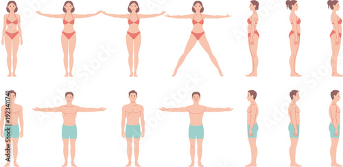 Male and Female Figures in Various Poses and Body Types on White Background human woman