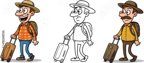 Cartoon traveler characters with suitcase, backpack, hat, and different expressions illustration for tourism, holiday journey, vacation, adventure vector design.