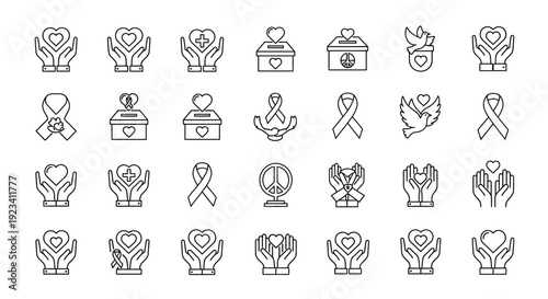 Black outline icons depicting hands holding hearts ribbons donation boxes and doves