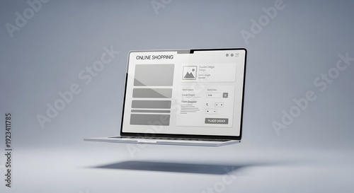 A laptop hovers above a minimalist studio with a screen displaying online shopping web layout blocks.
