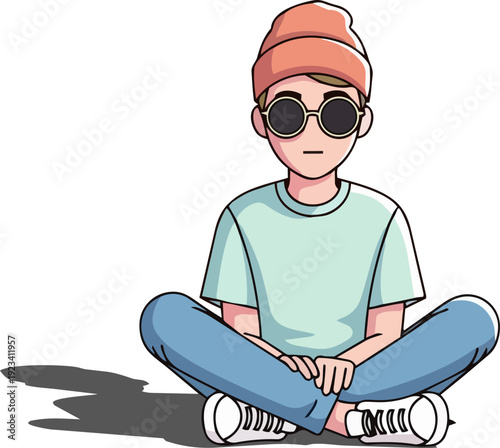 A young man sitting cross-legged on the floor, wearing casual clothes and sunglasses, with a relaxed expression