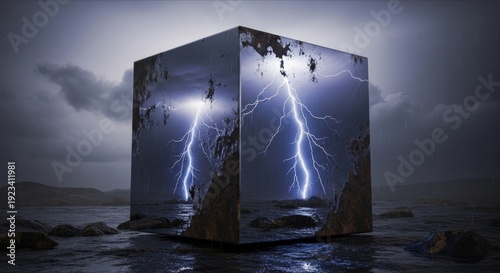 Abstract cube reflecting stormy sky and lightning in dark water