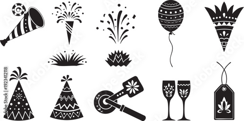 Black and White Party Celebration with Fireworks Balloons and Party Hats