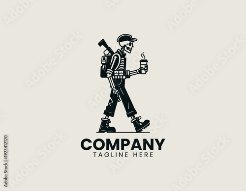 A cartoon skeleton soldier walking with a rifle and takeaway coffee cup is presented in a clean bold vector illustration