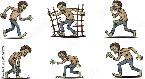 Cartoon zombie character in various poses including walking, running, crouching, sniffing, and holding brain for Halloween vector illustration set.