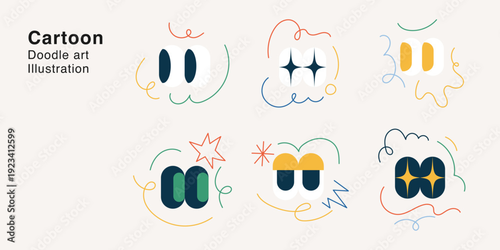 Fototapeta premium Cartoon doodle art illustration with abstract faces, eyes and playful expressions. Line art vector collection for fun creative design projects colorful modern minimalist style.