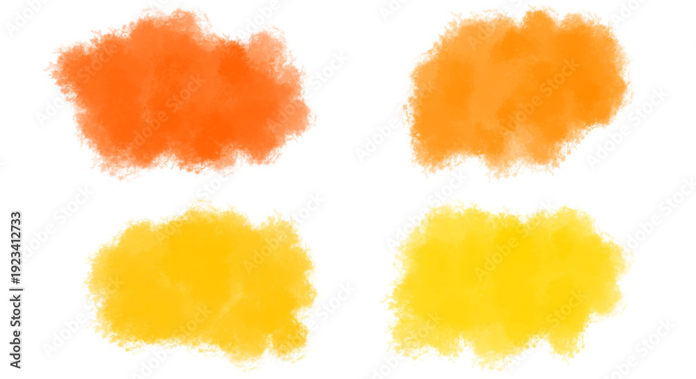 Obraz premium Set of four watercolor brush strokes in shades of orange and yellow, abstract paint splatters on transparent background