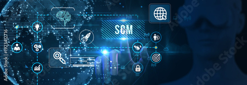 SCM - Supply Chain Management.  Supply Chain Management SCM. Aspects of Modern Company Logistics Processes. 3d illustration