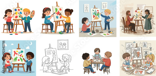 Children and students painting vector illustration showing kids learning art, drawing, coloring, creating artwork, and developing creative artistic skills together