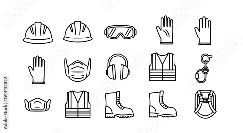 Safety equipment PPE flat line icon set black vector