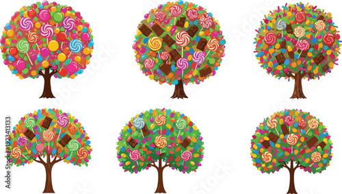 Colorful candy trees with sweets, chocolates, lollipops, fantasy dessert forest illustration, playful design, bright vector artwork for creative projects.