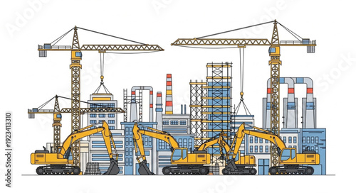 Construction site with cranes and excavators building structures in urban environment.