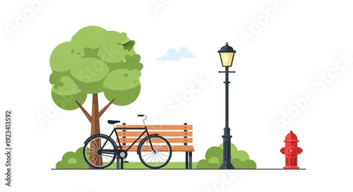 A bicycle parked near a bench and a tree in a park setting.