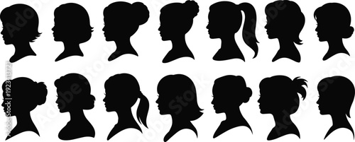 Set of female profile silhouettes with various modern hairstyles, black vector illustration collection isolated on white background for beauty salon, fashion, and branding design