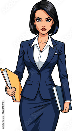 Confident businesswoman in formal navy suit holding documents and books, professional female executive manager office worker illustration vector art.