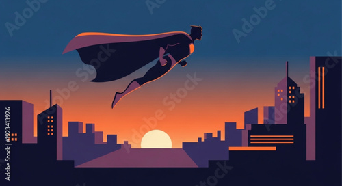 Superhero soaring through the sunset sky, a symbol of hope and strength.