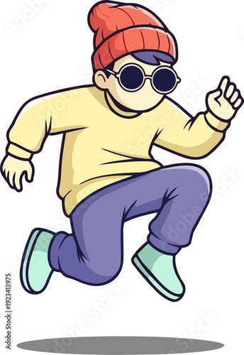 A young person jumping energetically in casual clothes and sunglasses, captured from a dynamic viewpoint.