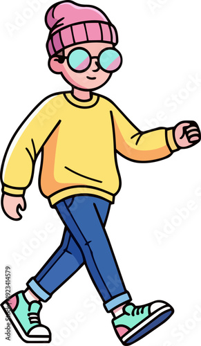A smiling cartoon character walking forward with a relaxed posture wearing casual clothing and accessories