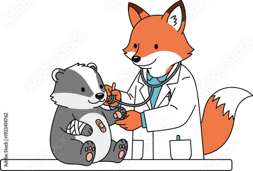 Cute cartoon fox doctor treating injured badger, animal healthcare illustration, medical checkup, veterinary clinic, animal hospital, medicine, doctor animal character